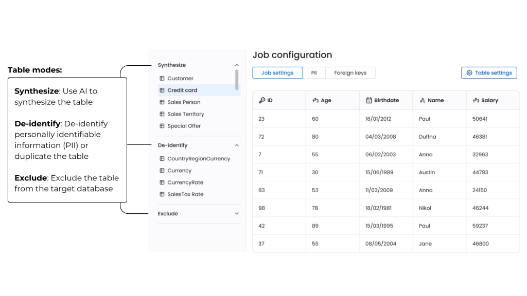 Syntho Engine platform table modes